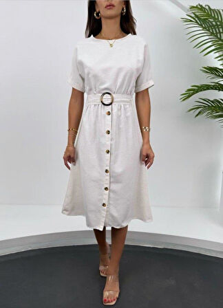 2389 Kemerli Keten Elbise - Ekru