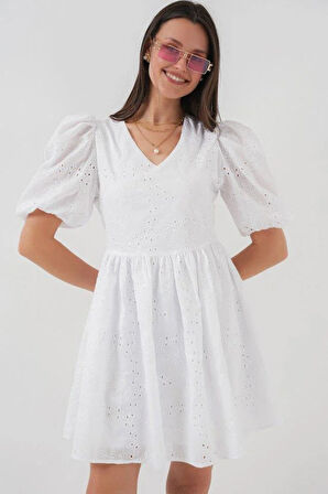 2529 Fistolu Kısa Elbise - Beyaz