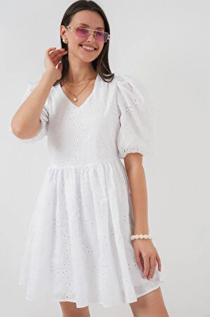 2529 Fistolu Kısa Elbise - Beyaz