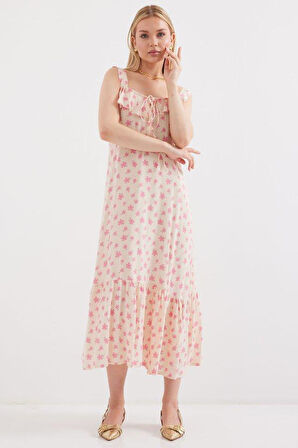 2237 Desenli Askılı Viskon Elbise - Pembe