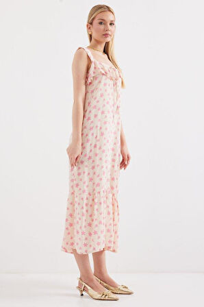 2237 Desenli Askılı Viskon Elbise - Pembe