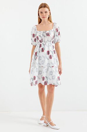2508 Desenli Mini Kloş Elbise - Ekru