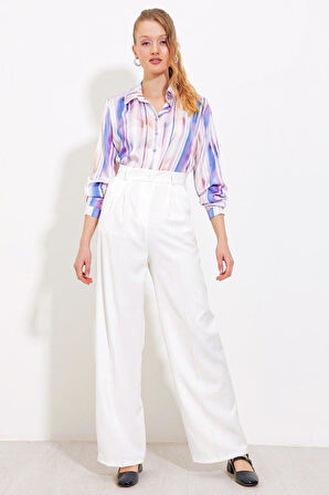 Beyaz Bol Paça Kumaş Pantolon 6647