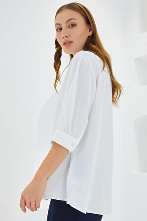Beyaz Gömlek Yaka Saten Bluz 0493