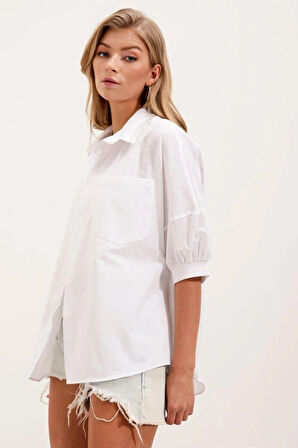 20213 Oversize Kısa Kol Basic Gömlek - Beyaz