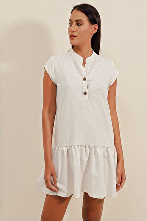 2425 Keten Mini Elbise - Ekru