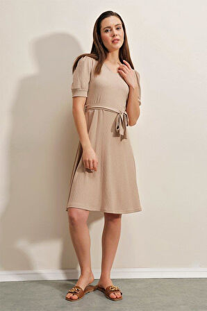 2370 Kuşaklı Örme Elbise - Bej