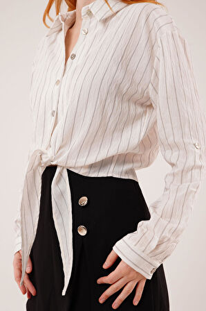 Kol Detaylı Bağlamalı Çizgili Beyaz Gömlek