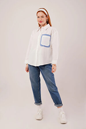 Çizgili Cep Detaylı Beyaz Gömlek