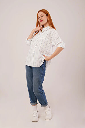 Katlanabilir Kol Ve Cep Detaylı Mavi Çizgili Gömlek