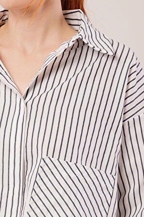 Crop Model Cepli Ve Çizgili Beyaz Gömlek