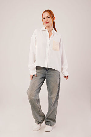 Etnik Cep Detaylı Beyaz Gömlek