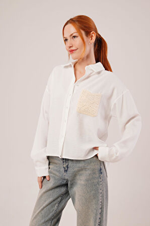 Etnik Cep Detaylı Beyaz Gömlek