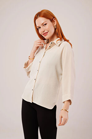 Kol Katlama Detaylı Bej Gömlek