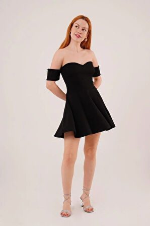 Kol Detaylı Straplez Siyah Mini Elbise