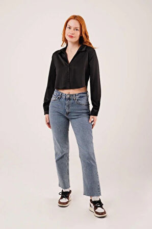 Saten Crop Model Siyah Gömlek