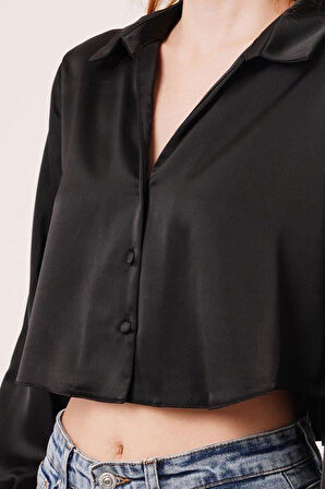 Saten Crop Model Siyah Gömlek