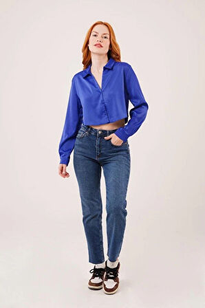 Saten Crop Model Lacivert Gömlek