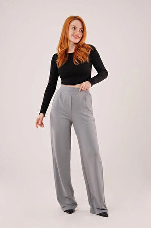 Yüksek Bel Bol Paça Krep Gri Pantolon