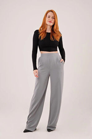 Yüksek Bel Bol Paça Krep Gri Pantolon