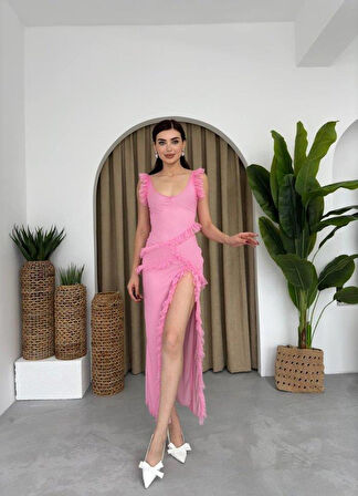 Felix Yırtmaçlı Midi Tül Elbise