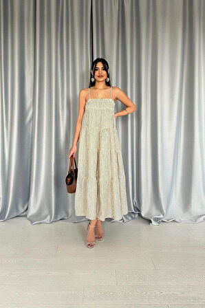 Yeşil Askılı Parçalı Çizgili Müslin Elbise