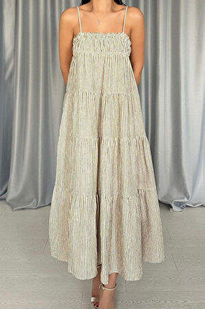 Yeşil Askılı Parçalı Çizgili Müslin Elbise