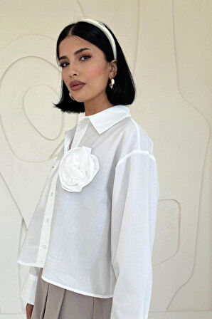 Beyaz Fleto Cepli Poplin Gömlek