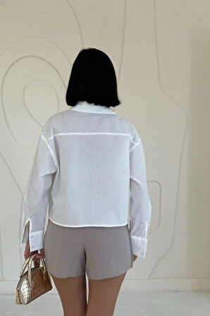 Beyaz Fleto Cepli Poplin Gömlek