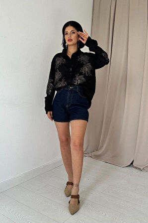 Siyah Flamlı Keten Nakışlı Pullu Gömlek