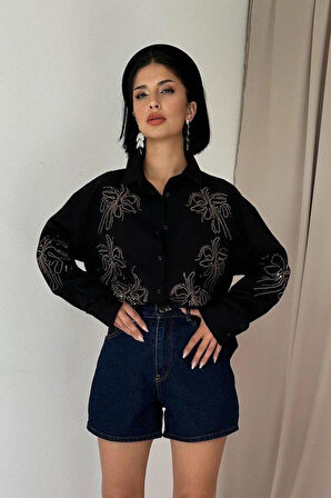 Siyah Flamlı Keten Nakışlı Pullu Gömlek