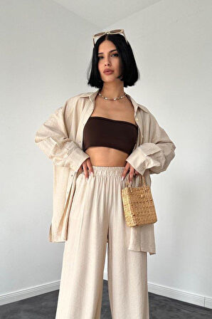 Bej Alice Gömlek Ve Bol Kesim Pantolon Takım