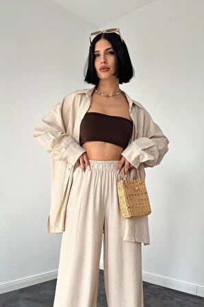 Bej Alice Gömlek Ve Bol Kesim Pantolon Takım