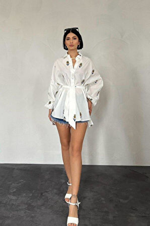 Yeşil Vual Metraj Nakış Kuşaklı Gömlek