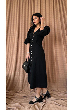 Siyah Flamlı Keten Boyamlı Düğmeli Elbise