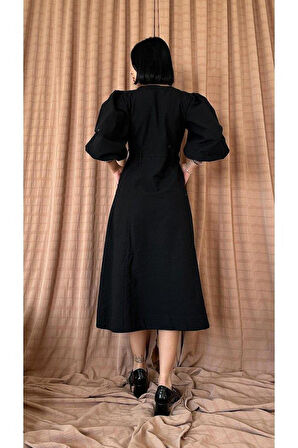 Siyah Flamlı Keten Boyamlı Düğmeli Elbise