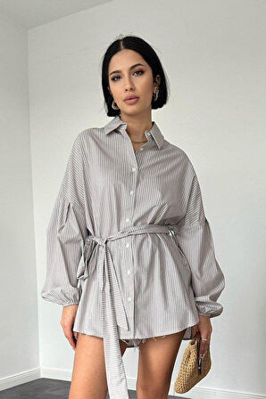 Kahverengi Çizgili Poplin Kuşaklı Gömlek