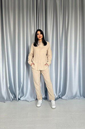 Bej 3 Taş Motifli Gömlek Ve Pantolon Takım