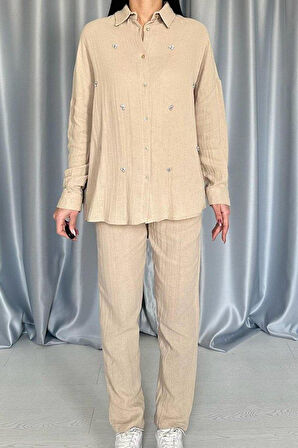 Bej 3 Taş Motifli Gömlek Ve Pantolon Takım