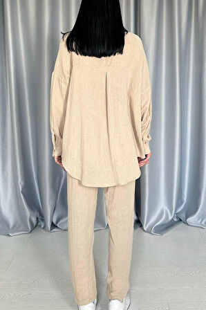 Bej 3 Taş Motifli Gömlek Ve Pantolon Takım