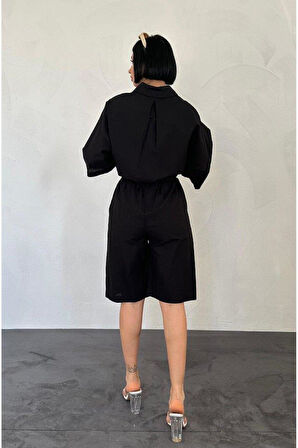 Siyah Kısa Kollu Keten Gömlek Ve Şort Takım