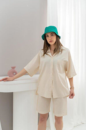 Bej Kısa Kollu Keten Gömlek Ve Şort Takım