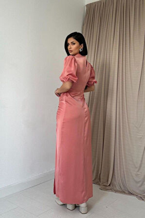 Pudra Büzgülü Saten Elbise