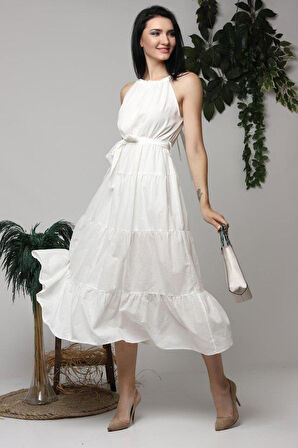 Ekru Halter Yakalı Kuşaklı Elbise