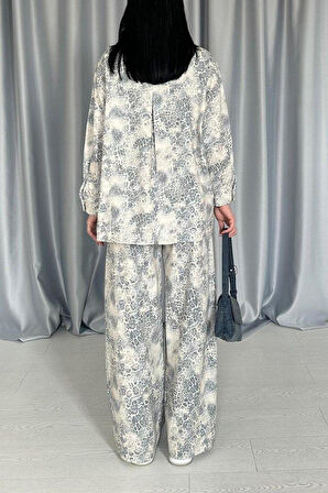 Gri Leopar Desenli Ceket Ve Pantolon Keten Takım
