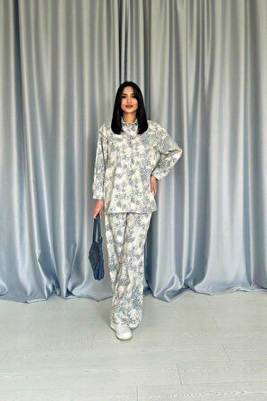 Gri Leopar Desenli Ceket Ve Pantolon Keten Takım