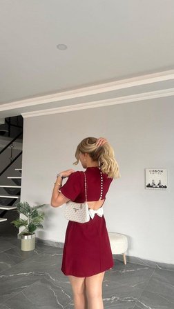 Kadın Atlas Kumaş Iç Astarlı Gizli Fermuarlı Inci Düğme Detaylı Mini Elbise