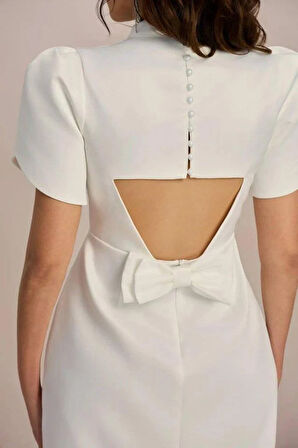 Kadın Atlas Kumaş Iç Astarlı Gizli Fermuarlı Inci Düğme Detaylı Mini Elbise