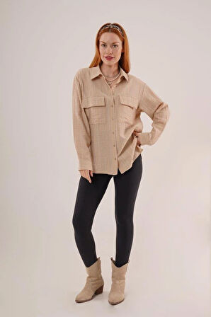 Kendinden Çizgili Cepli Ve Düğmeli Bej Gömlek
