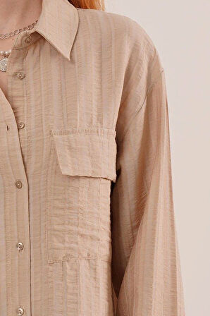 Kendinden Çizgili Cepli Ve Düğmeli Bej Gömlek